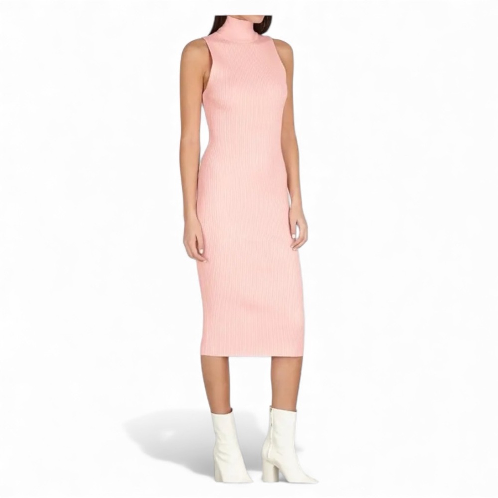 Alice + Olivia Pink Brooklynne Turtle neck ribbed knit midi Sleeveless Dress Sm